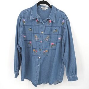 Cottagecore Denim Button Down Women XL Blue Floral Embroidered Long Sleeve